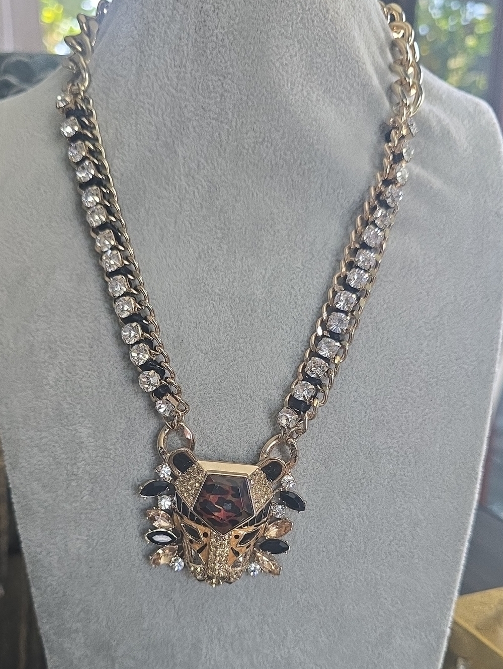 Betsey Johnson Gold Tone Panther Necklace with Black and Red Accents